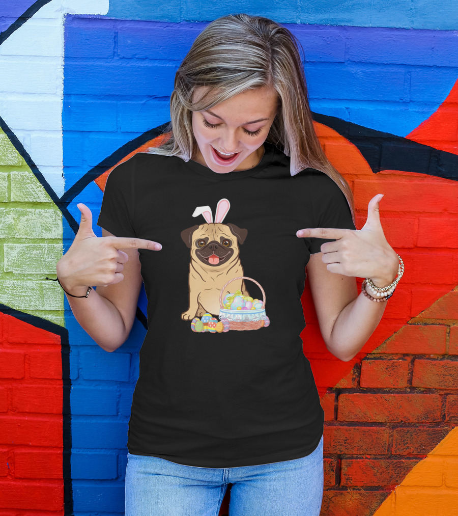 Pug Wearing Bunny Ears With Easter Egg Basket T-Shirt