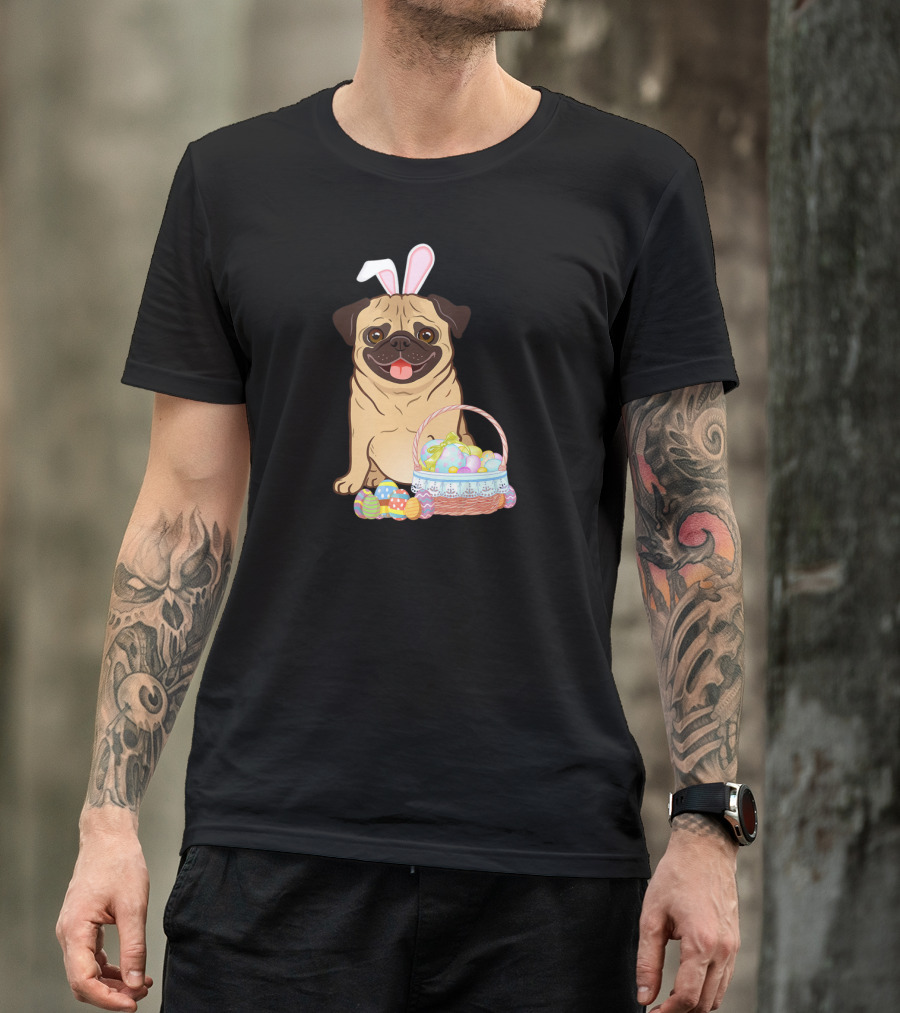 Pug Wearing Bunny Ears With Easter Egg Basket T-Shirt