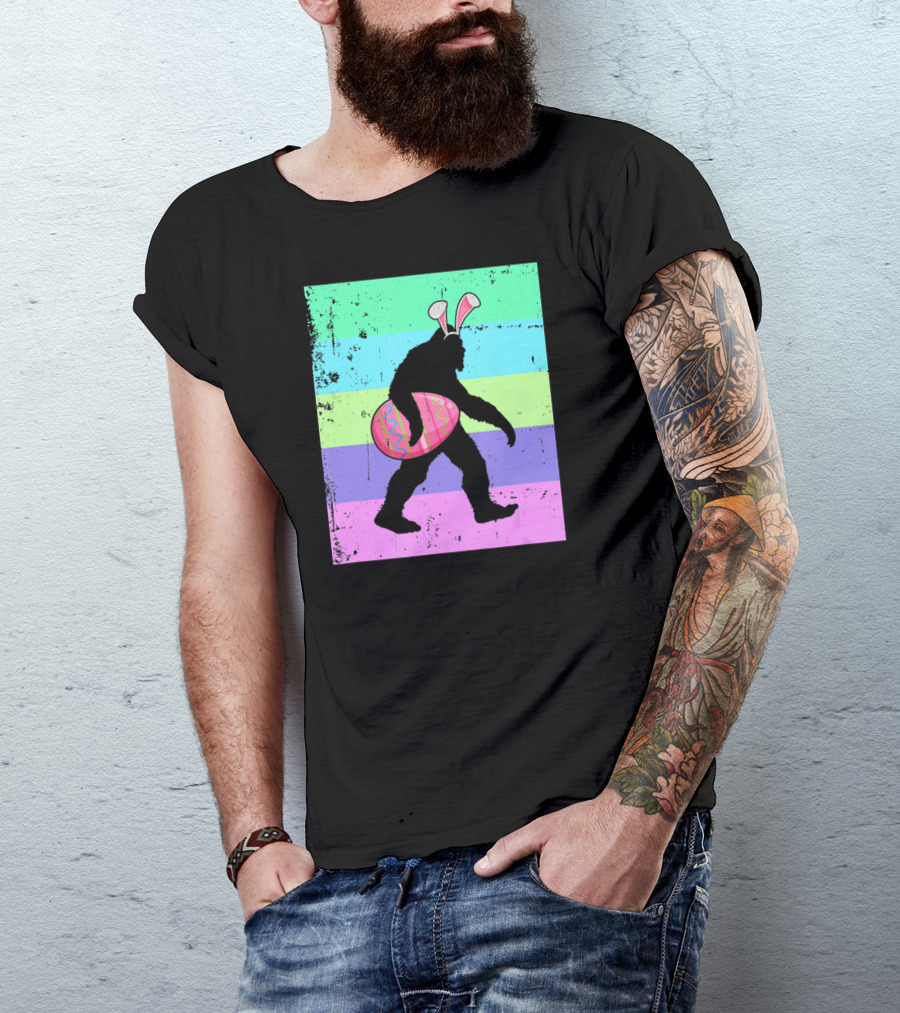 Retro Bigfoot Easter Bunny With Egg Rainbow Stripes T-Shirt