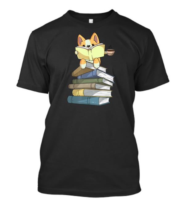 Corgi Sitting On Book Stack With Coffee And Reading Book T-Shirt