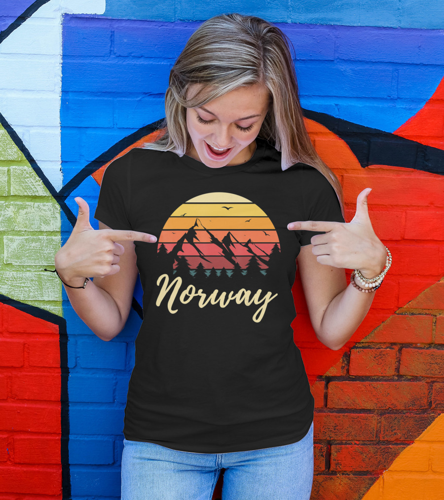 Retro Norway Mountain Sunset Landscape With Pine Trees And Birds T-Shirt