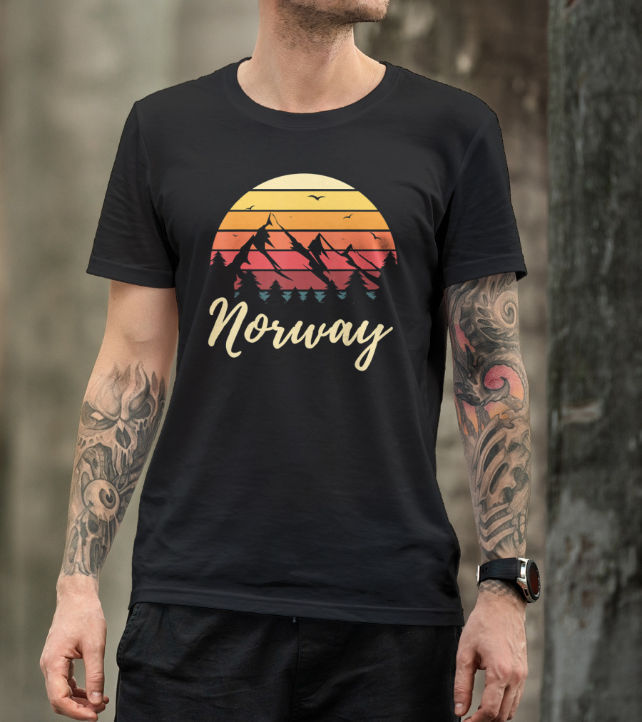 Retro Norway Mountain Sunset Landscape With Pine Trees And Birds T-Shirt