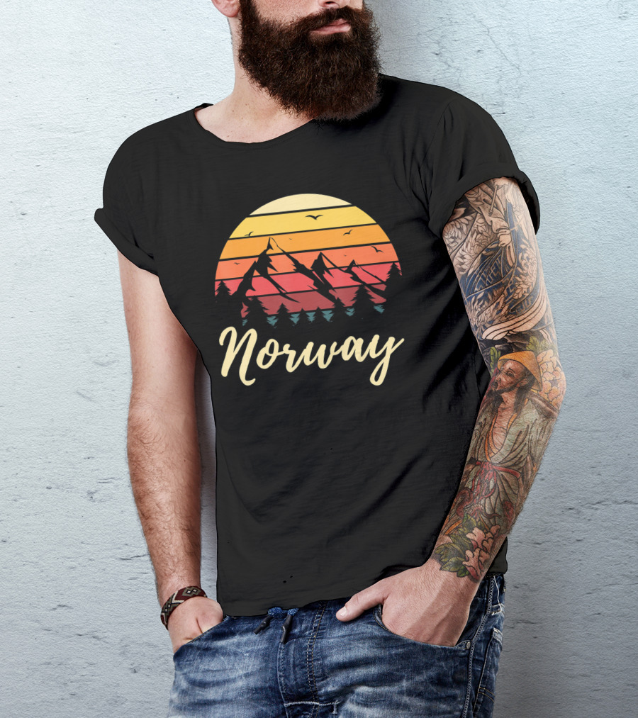 Retro Norway Mountain Sunset Landscape With Pine Trees And Birds T-Shirt