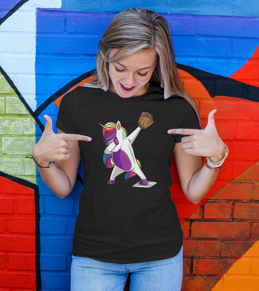 Pi Day Baseball Dabbing Unicorn Rainbow Glove T-Shirt