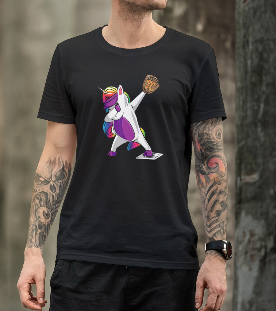 Pi Day Baseball Dabbing Unicorn Rainbow Glove T-Shirt