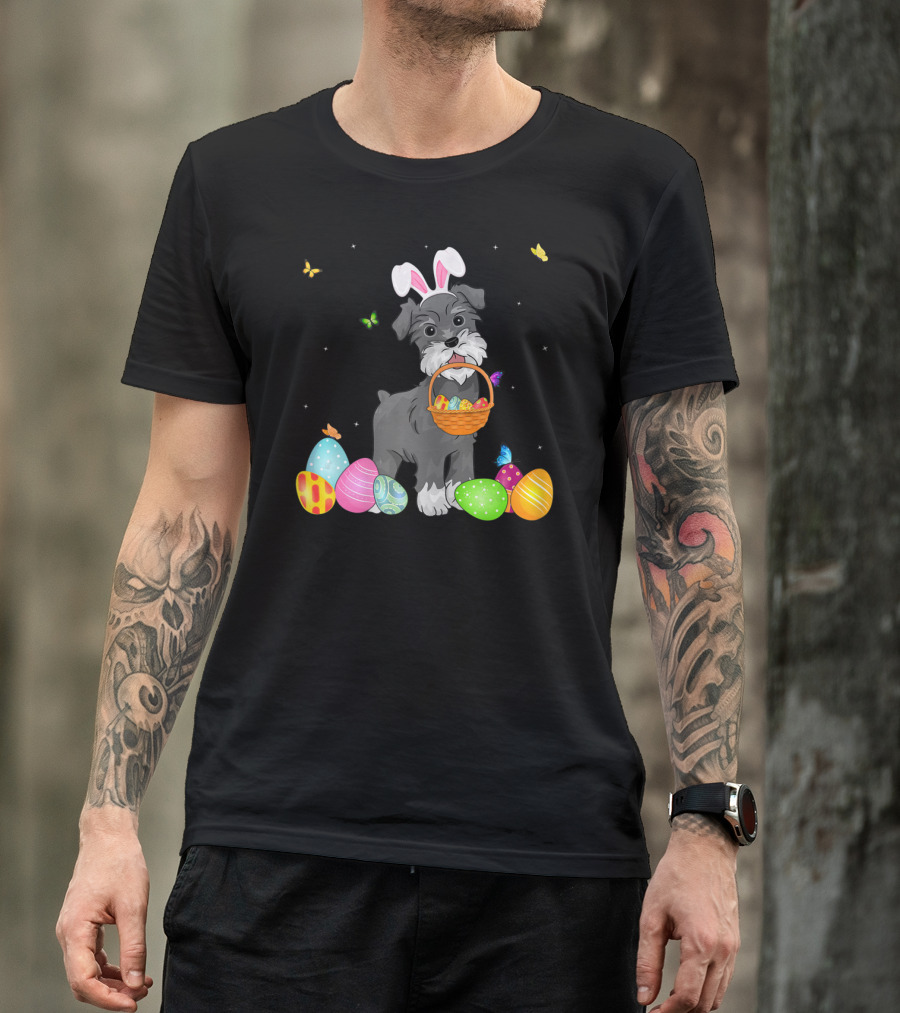 Bunny Schnauzer With Basket And Eggs Easter Day T-Shirt