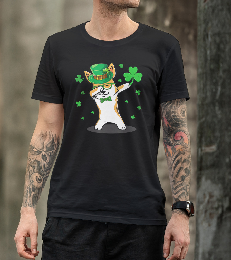 Dabbing Corgi With Shamrocks And Leprechaun Hat For St. Patrick's Day T-Shirt