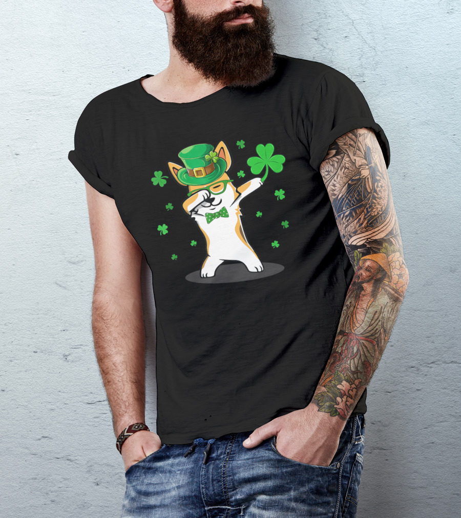 Dabbing Corgi With Shamrocks And Leprechaun Hat For St. Patrick's Day T-Shirt