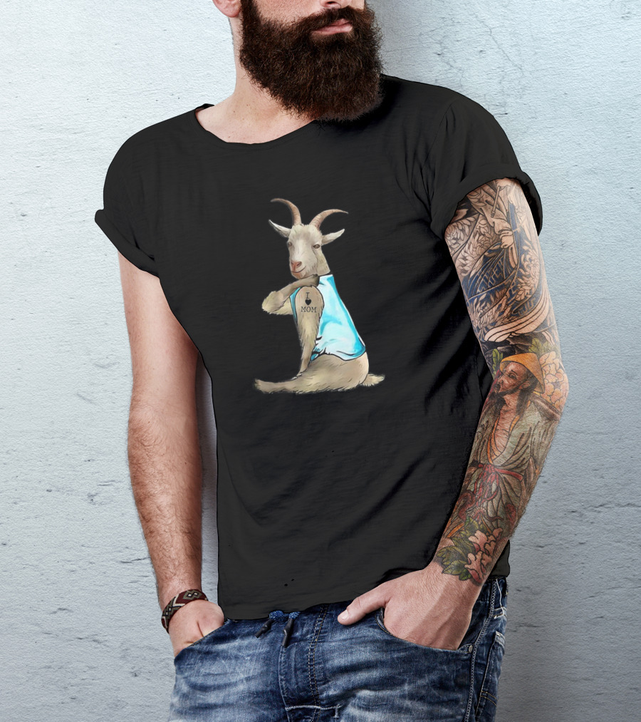 Goat I Love Mom Tattoo Blue T-Shirt