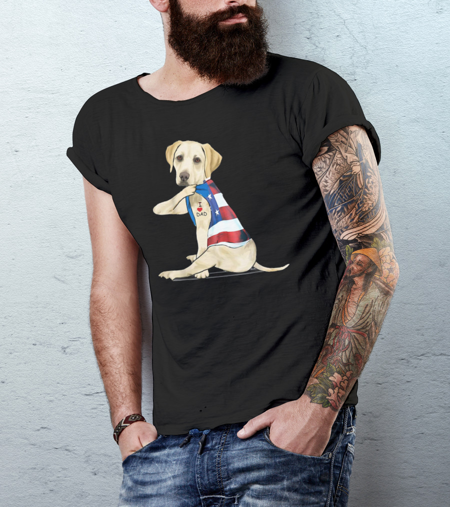 Labrador Retriever I Love Dad American Flag Dog Tattoo T-Shirt