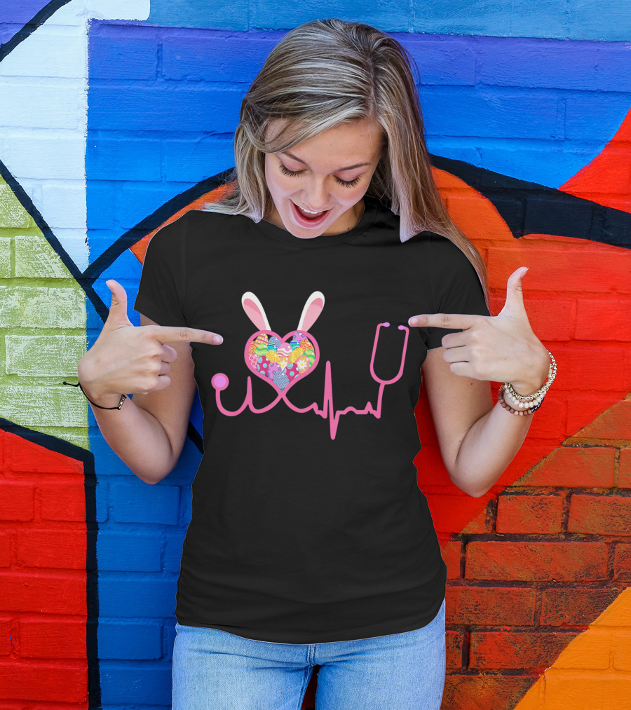 Nurse Easter Bunny Heartbeat And Stethoscope T-Shirt