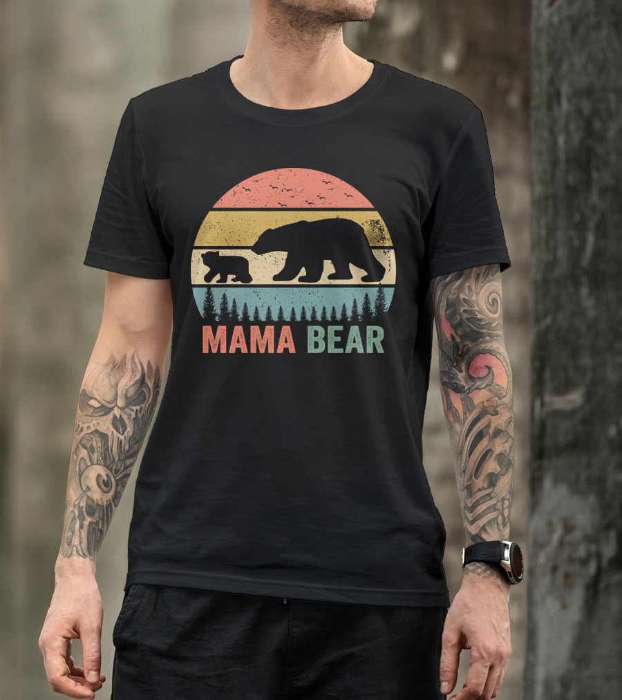 Mama Bear With Baby Cub Retro Sunset Silhouette Nature Scene T-Shirt