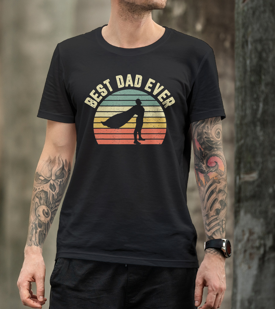 Best Dad Ever Superhero Silhouette Vintage Sunset Stripes T-Shirt