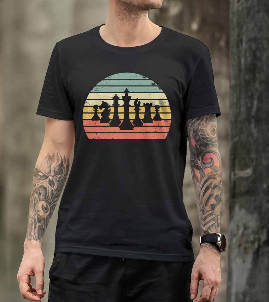 Chess Pieces Retro Sunset Stripes T-Shirt