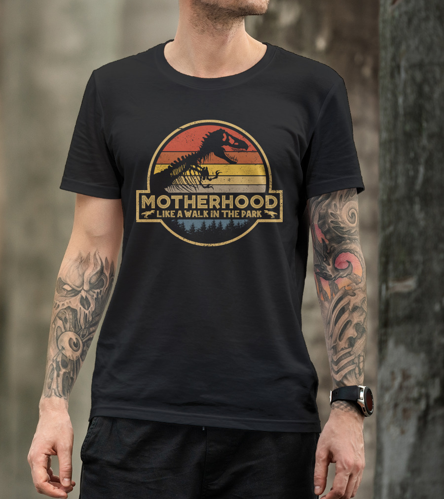 Motherhood Like A Walk In The Park Dinosaur Silhouette Retro T-Shirt