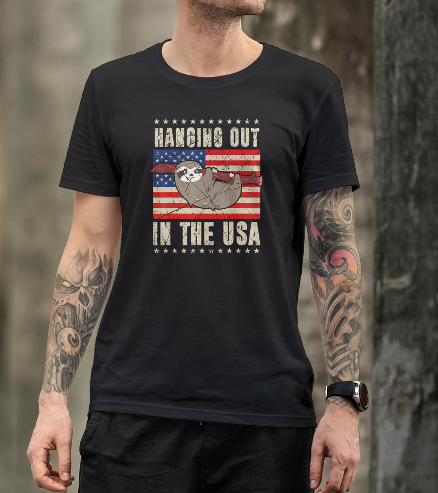 Sloth Hanging Out In The USA America Flag T-Shirt