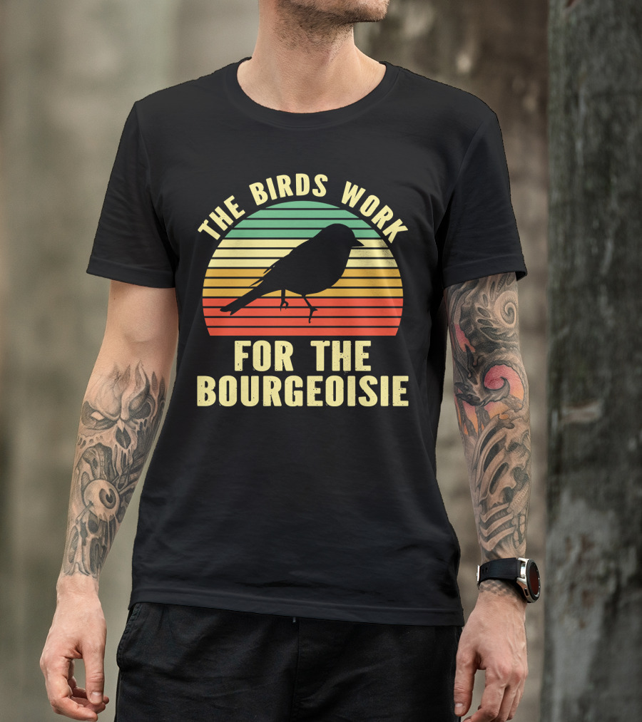 The Birds Work For The Bourgeoisie Retro Silhouette Bird Sunset Stripe T-Shirt