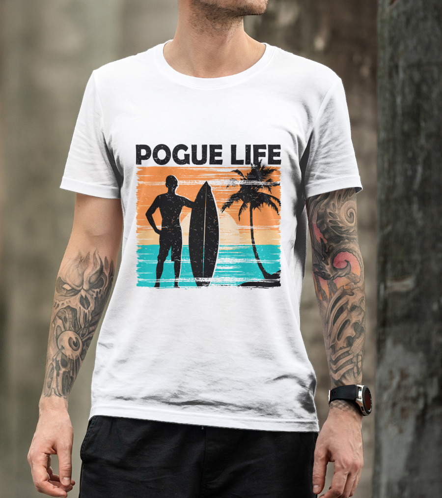 Pogue Life Outer Banks OBX Surf Silhouette Beach Sunset Palm Tree T-Shirt