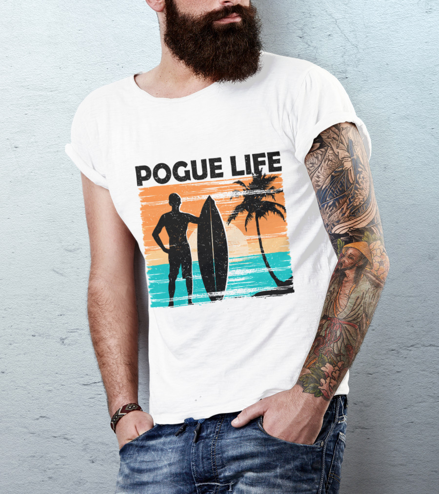 Pogue Life Outer Banks OBX Surf Silhouette Beach Sunset Palm Tree T-Shirt