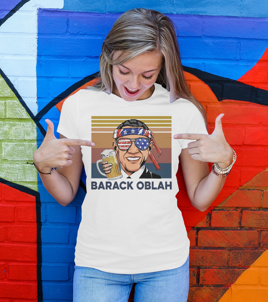Barack Obama Oblah Drink Vintage USA Flag Headband And Stars Stripes Shades With Beer Mug T-Shirt