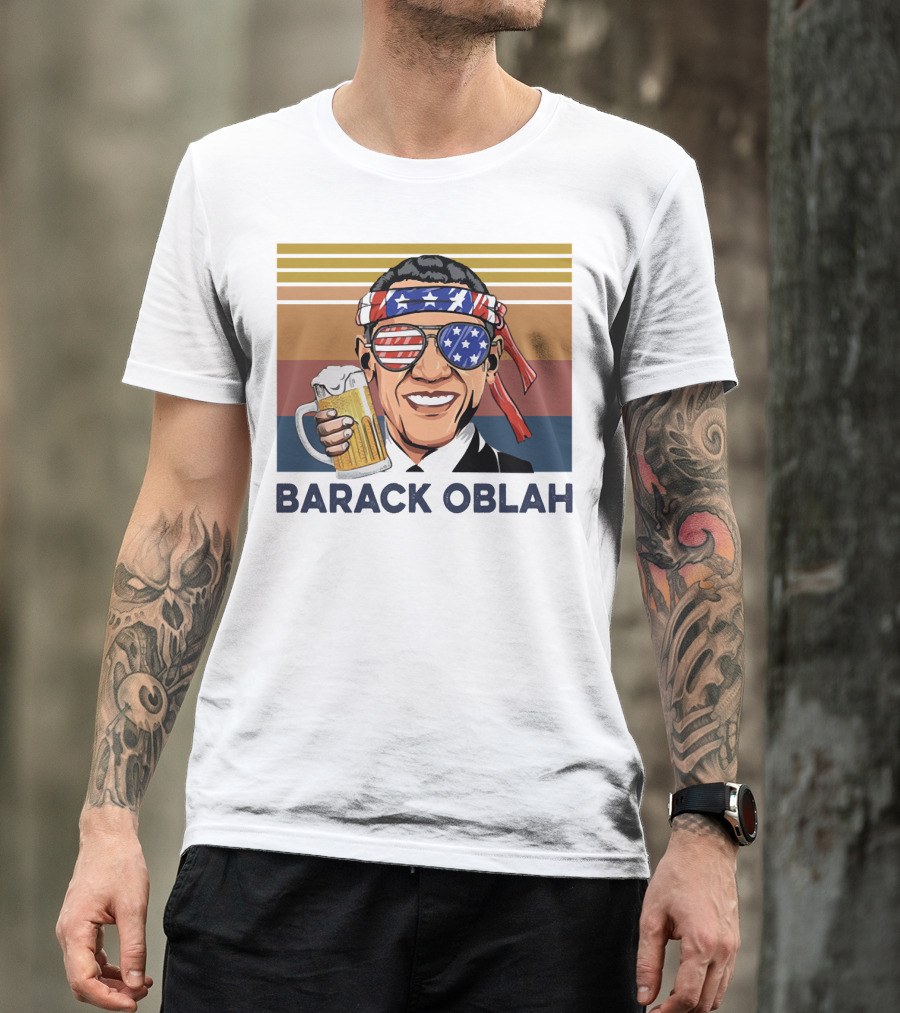Barack Obama Oblah Drink Vintage USA Flag Headband And Stars Stripes Shades With Beer Mug T-Shirt