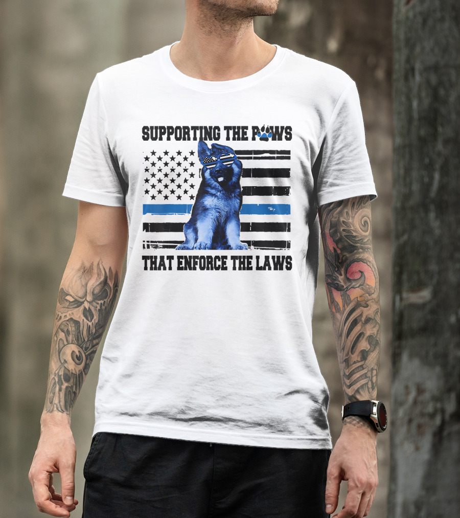Supporting The Paws That Enforce The Laws Police Dog American Flag Sunglasses T-Shirt