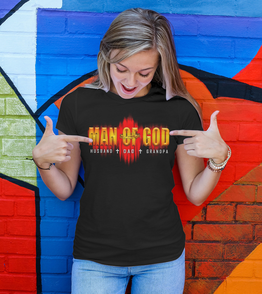 Man Of God Husband Dad Grandpa Cross Crown T-Shirt