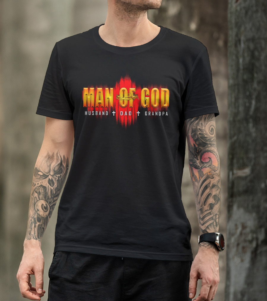 Man Of God Husband Dad Grandpa Cross Crown T-Shirt