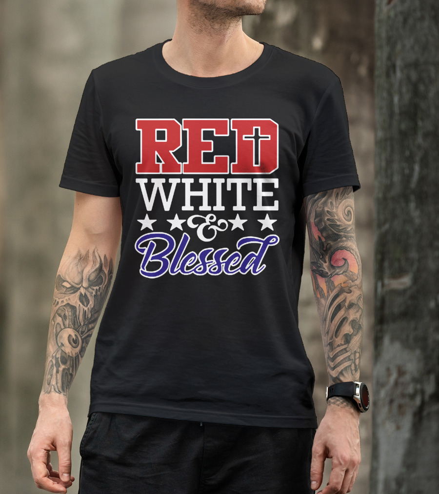 Red White Blessed Patriot Cross Stars T-Shirt