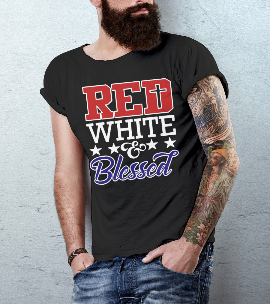 Red White Blessed Patriot Cross Stars T-Shirt