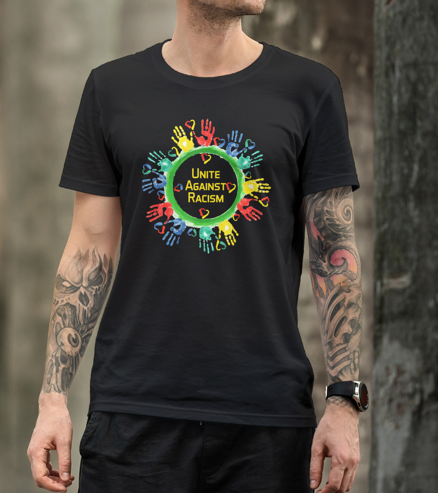 Unite Against Racism Colorful Handprints Circle With Hearts T-Shirt
