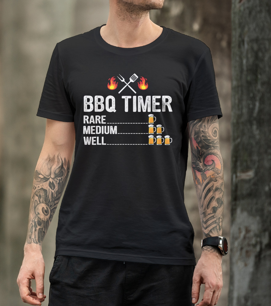 BBQ Timer Rare Medium Well Beer Flames Fork Spatula Mugs T-Shirt