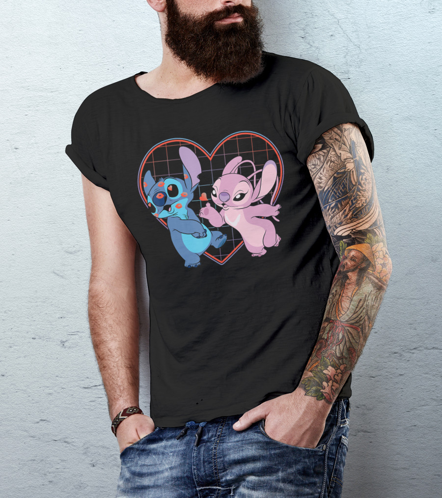 Disney Lilo And Stitch Angel Heart Grid Love T-Shirt