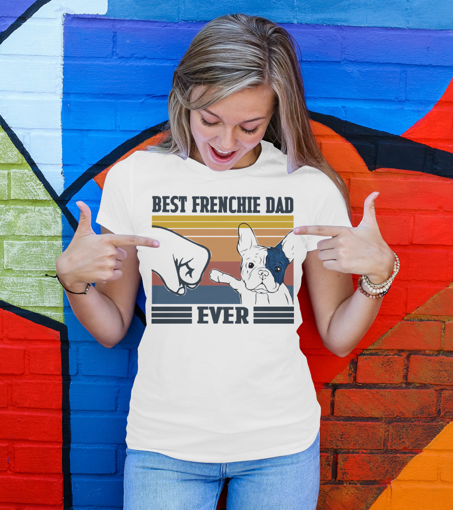 Best Frenchie Dad Ever Fist Bump Retro Stripes Dog Punch Paw Puppy T-Shirt
