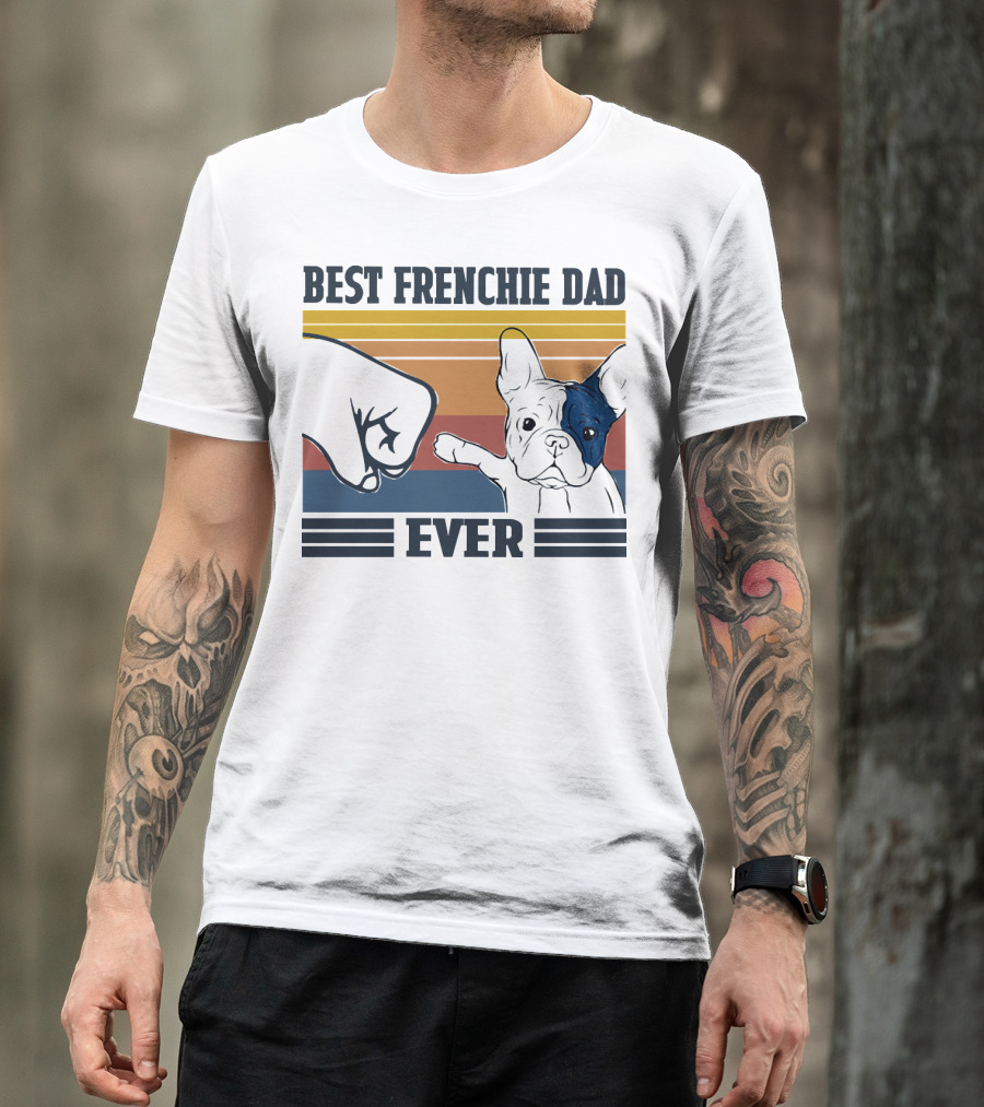 Best Frenchie Dad Ever Fist Bump Retro Stripes Dog Punch Paw Puppy T-Shirt