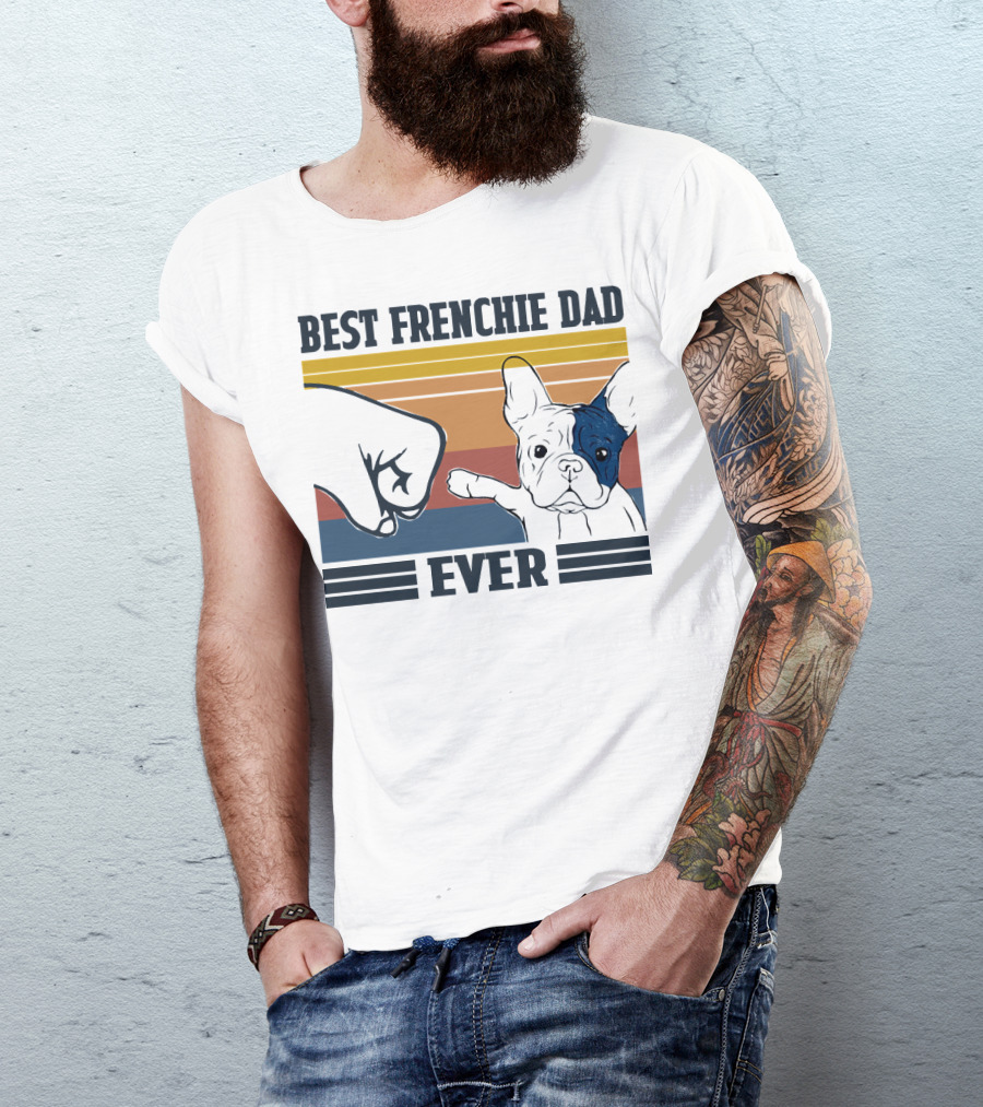 Best Frenchie Dad Ever Fist Bump Retro Stripes Dog Punch Paw Puppy T-Shirt