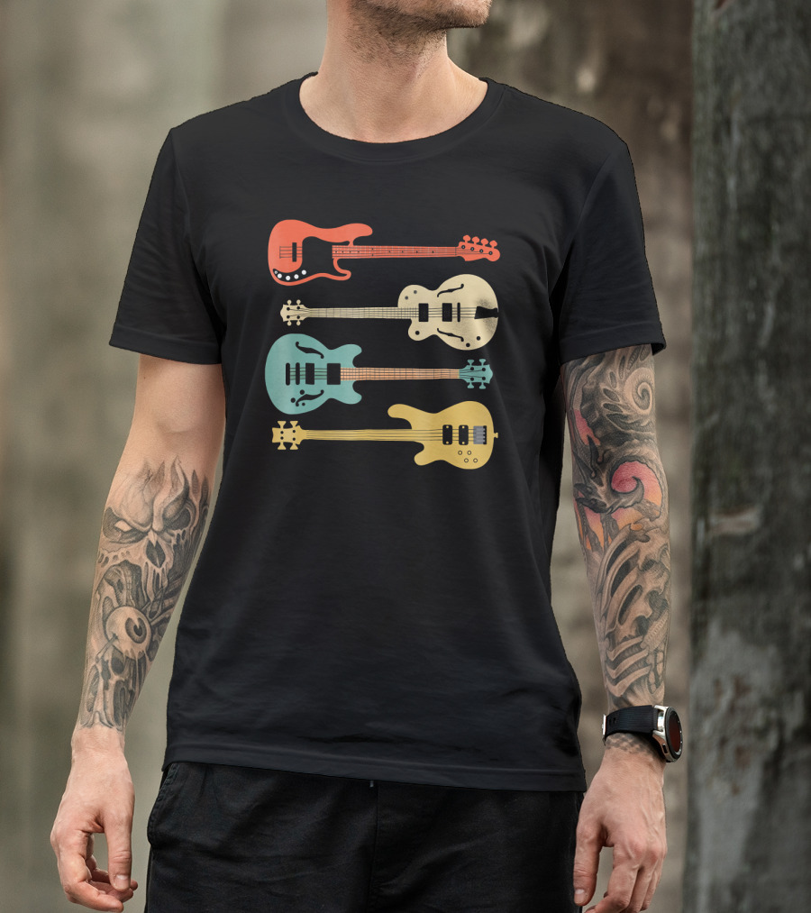 Vintage Retro Bass Guitar Bassist Player Colorful Guitar Collection T-Shirt