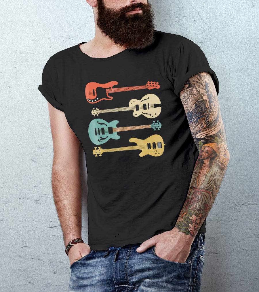 Vintage Retro Bass Guitar Bassist Player Colorful Guitar Collection T-Shirt