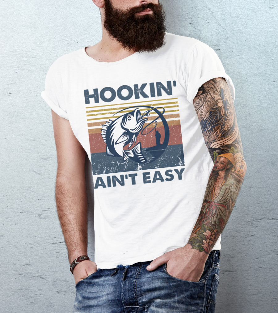 Hookin' Ain't Easy Vintage Fishing Graphic With Striped Sunset And Angler T-Shirt