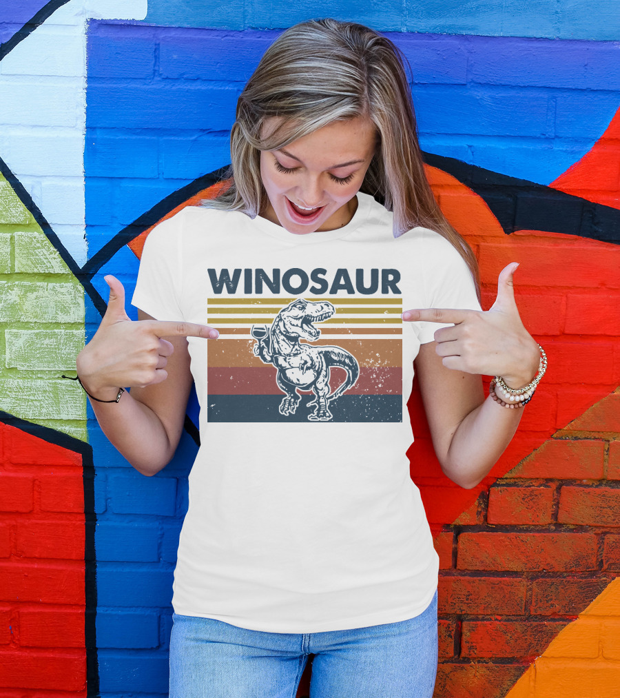Winosaur Dinosaur With Wine Glass Retro Stripes T-Shirt