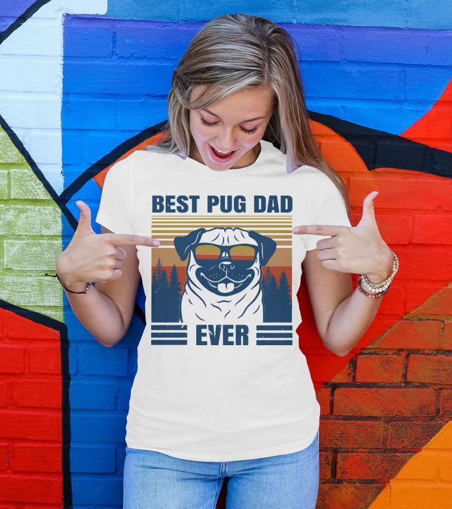 Best Pug Dad Ever Vintage Sunset Forest Retro T-Shirt
