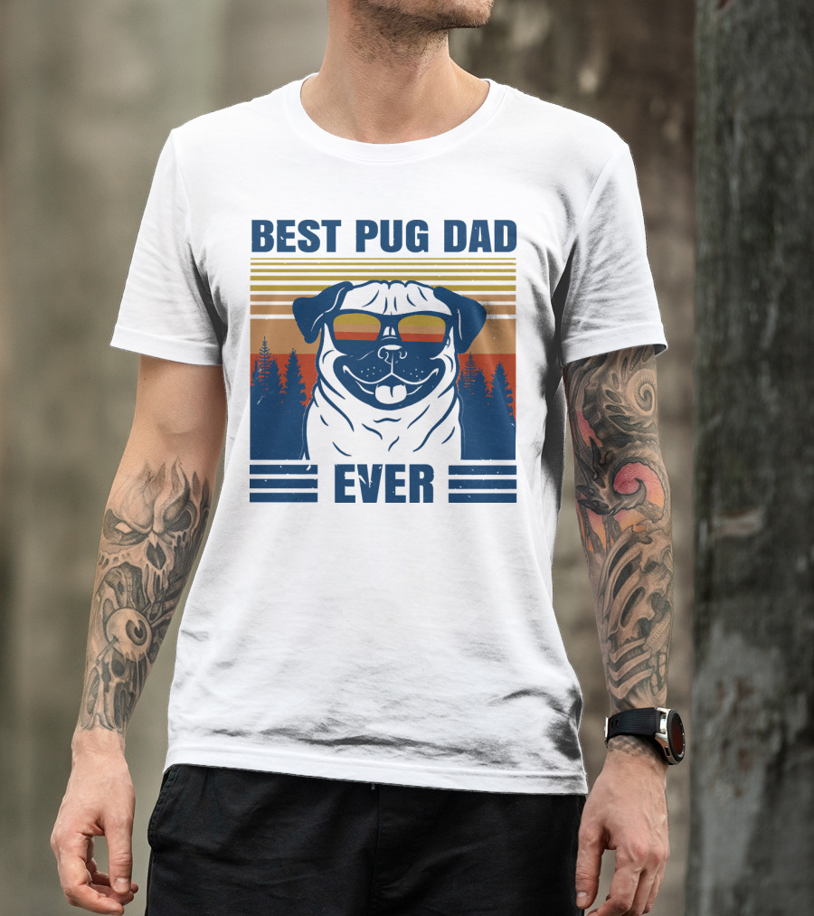 Best Pug Dad Ever Vintage Sunset Forest Retro T-Shirt