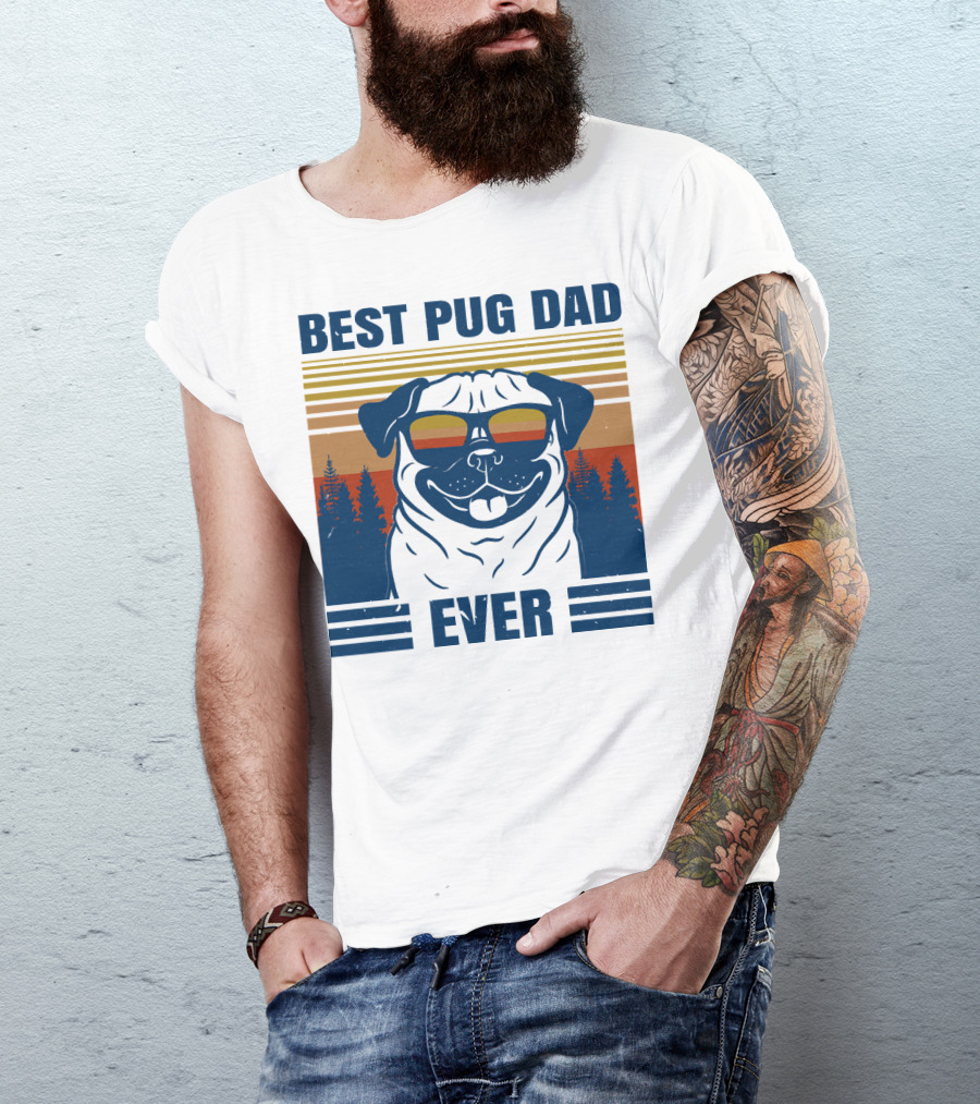 Best Pug Dad Ever Vintage Sunset Forest Retro T-Shirt