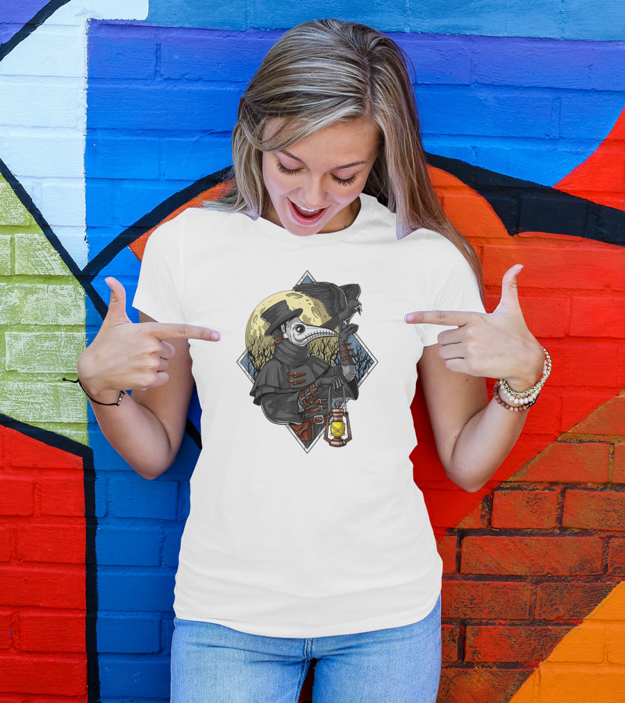 Plague Doctor Steampunk Raven Medieval Lantern Moonlit Forest T-Shirt