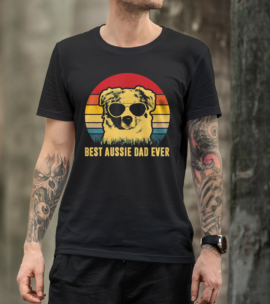 Best Aussie Dad Ever Vintage Dog Sunglasses Retro Stripes T-Shirt