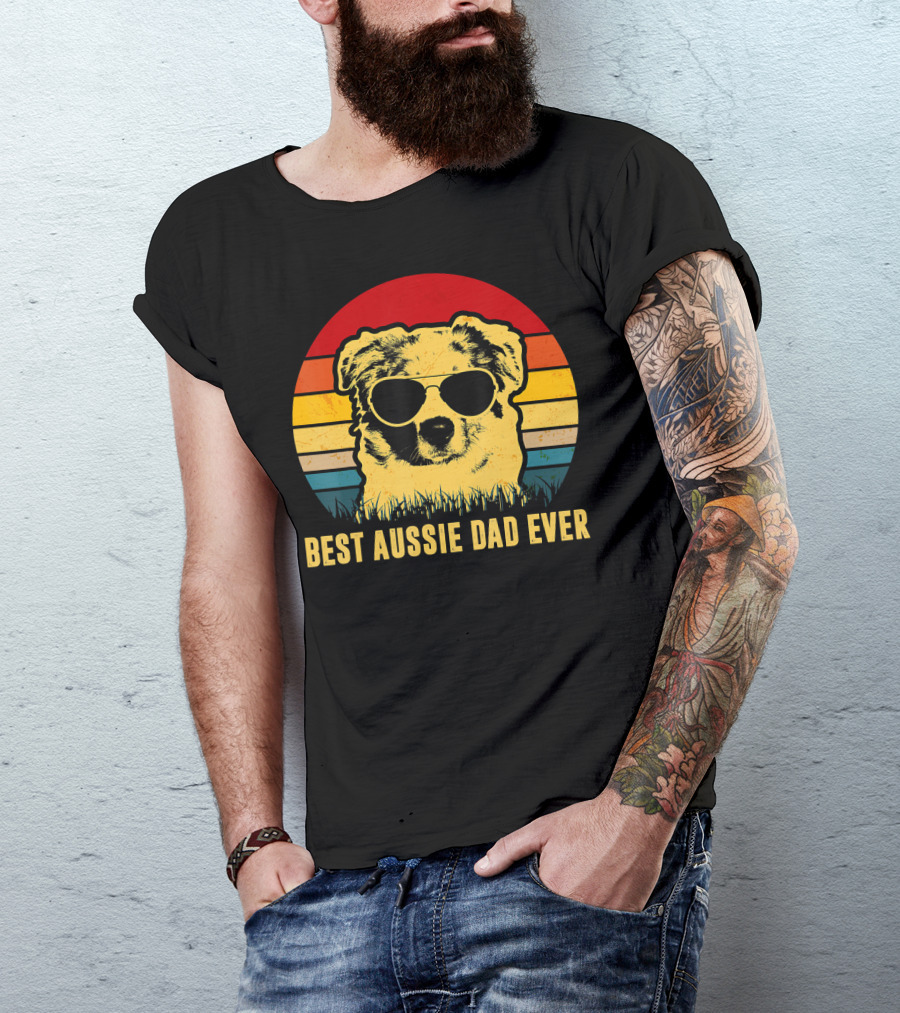 Best Aussie Dad Ever Vintage Dog Sunglasses Retro Stripes T-Shirt