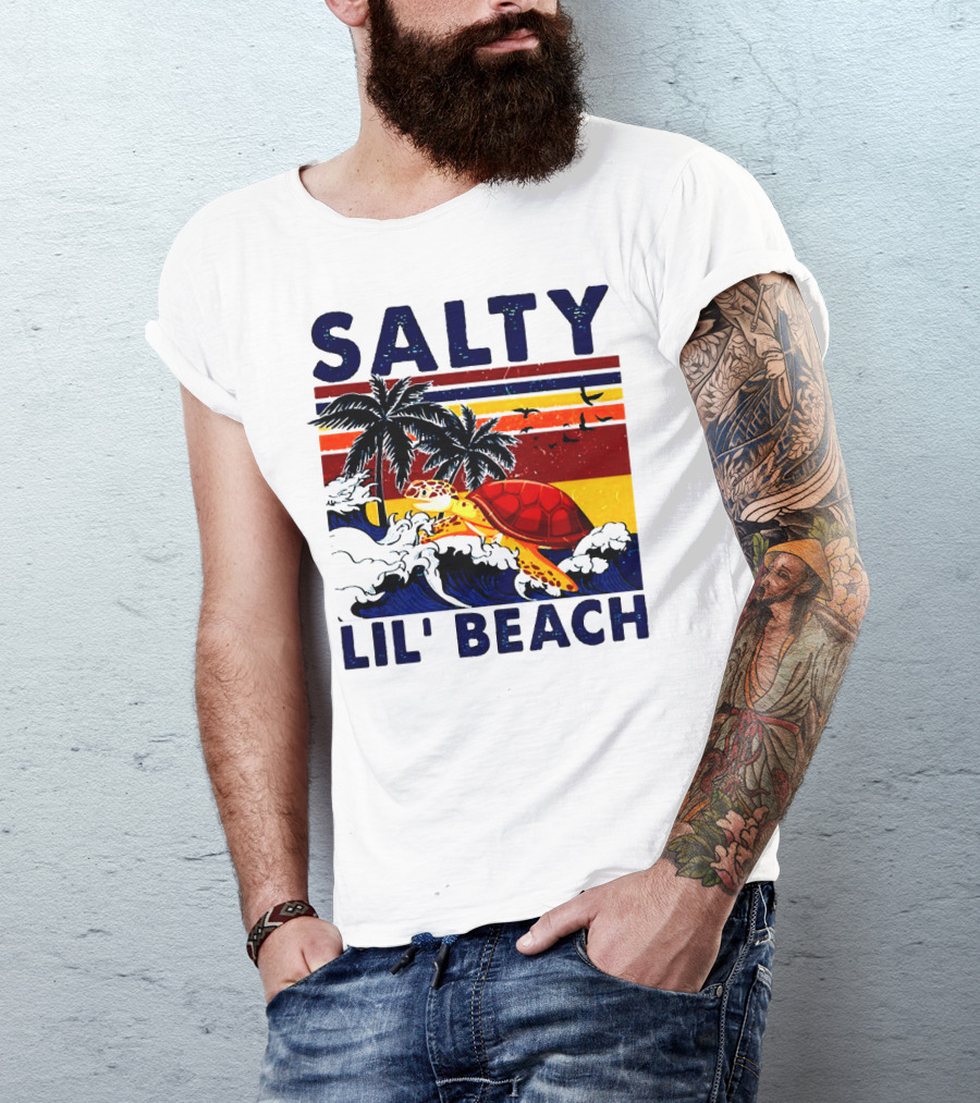 Salty Lil Beach Turtle Vintage Summer Retro Waves And Palms T-Shirt