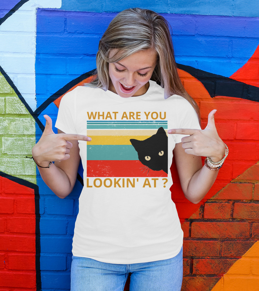 What Are You Lookin' At Black Cat Vintage Stripes T-Shirt