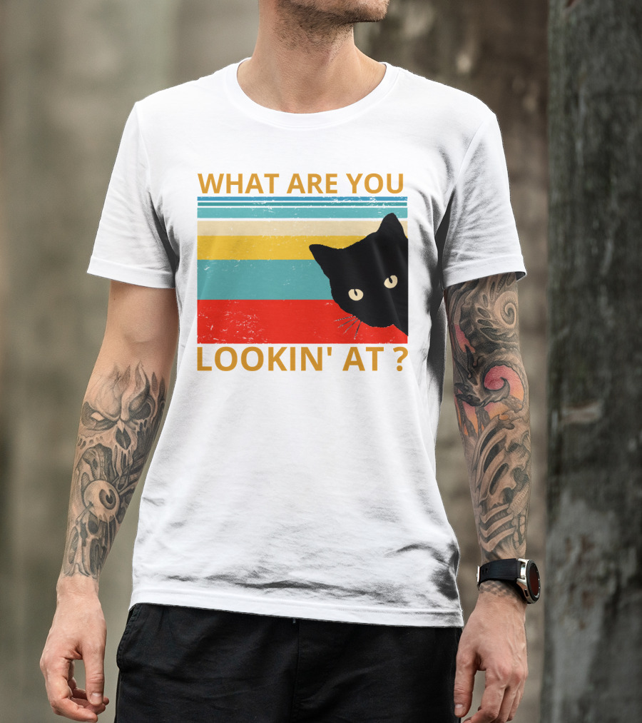 What Are You Lookin' At Black Cat Vintage Stripes T-Shirt