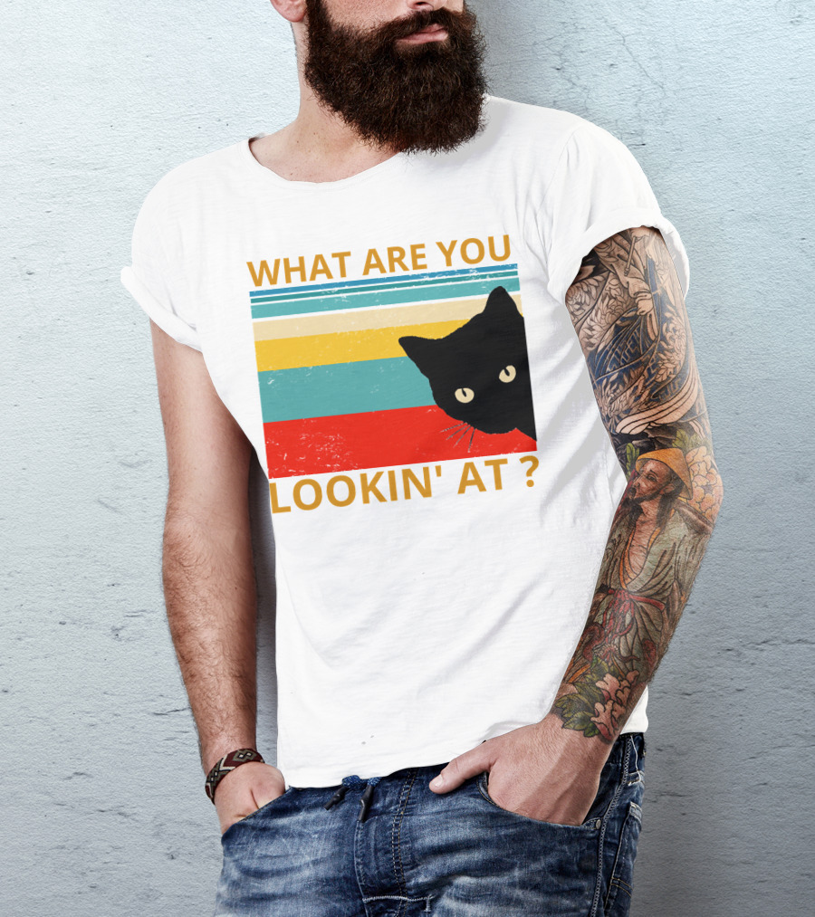 What Are You Lookin' At Black Cat Vintage Stripes T-Shirt